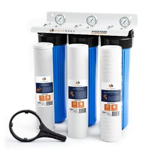 aquaboon 3-stage whole house water filter system w/wrench, iron white coated bracket & pressure gauges & release buttons (1" port) - w/cto & pp polypropylene sediment & string wound sediment filters