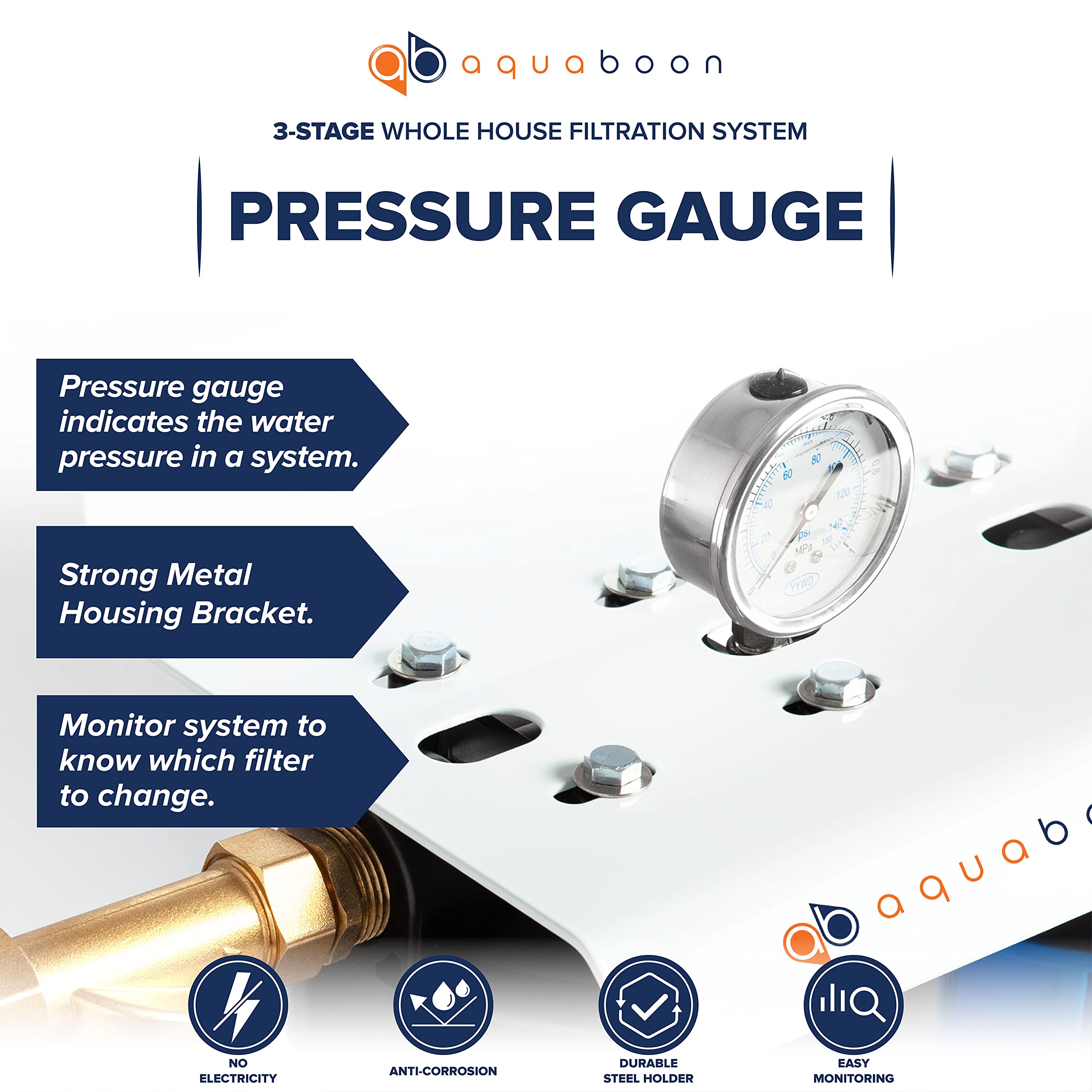 Aquaboon 3-Stage Whole House Water Filter System w/Wrench, Iron White Coated Bracket & Pressure Gauge & Release Button (1" Port) - w/Premium GAC & 2 PP Polypropylene Sediment Water Filter Cartridges