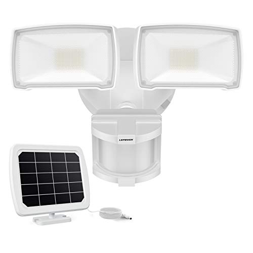 LEPOWER 1000LM Solar Security Lights, Solar Motion Sensor Light Outdoor with 2 Adjustable Head, 5500K White Light, IP65 Waterproof Solar Flood Lights Outdoor for Garage, Yard, Patio(White)