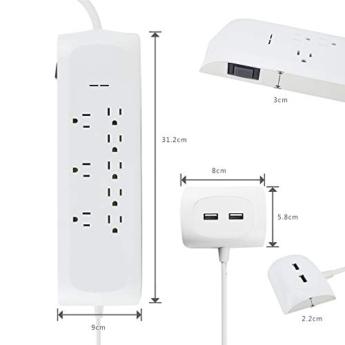 8 Outlet Surge Protector Power Strip with2 USB Charging Ports (2.4A), 6 + 4 FT Extension Cord with Straight Plug, 2400 Joules Overload Portection,Wall Mountable, ETL Listed, White