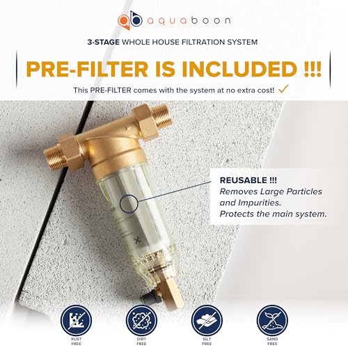 Aquaboon 20" 3-Stage Whole House Water Filter System for Well Water Freestanding Stainless-Steel Bracket Pressure Gauges - Water Filtration System: KDF, Activated Carbon Block, Sediment Filter