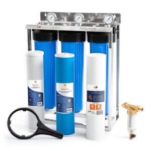 aquaboon 20" 3 stage whole house water filtration system with big housings and pressure gauges - gac filter, carbon block, sediment filter cartridges - whole home water filters portable steel frame