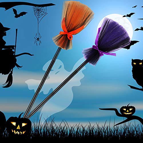 2 Pieces Halloween Witch Broom Kids Cosplay Broom Prop Plastic Broom Props for Halloween Party Costume Accessories, Orange and Purple