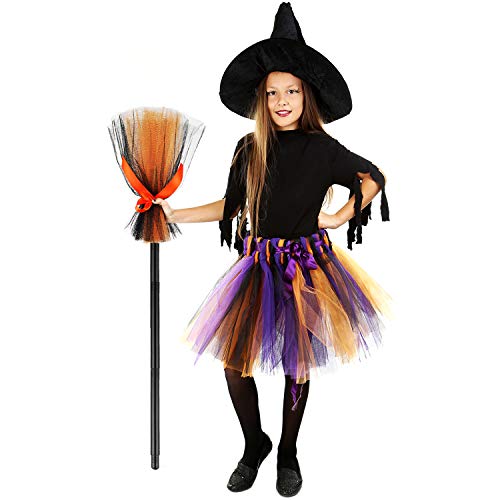 2 Pieces Halloween Witch Broom Kids Cosplay Broom Prop Plastic Broom Props for Halloween Party Costume Accessories, Orange and Purple