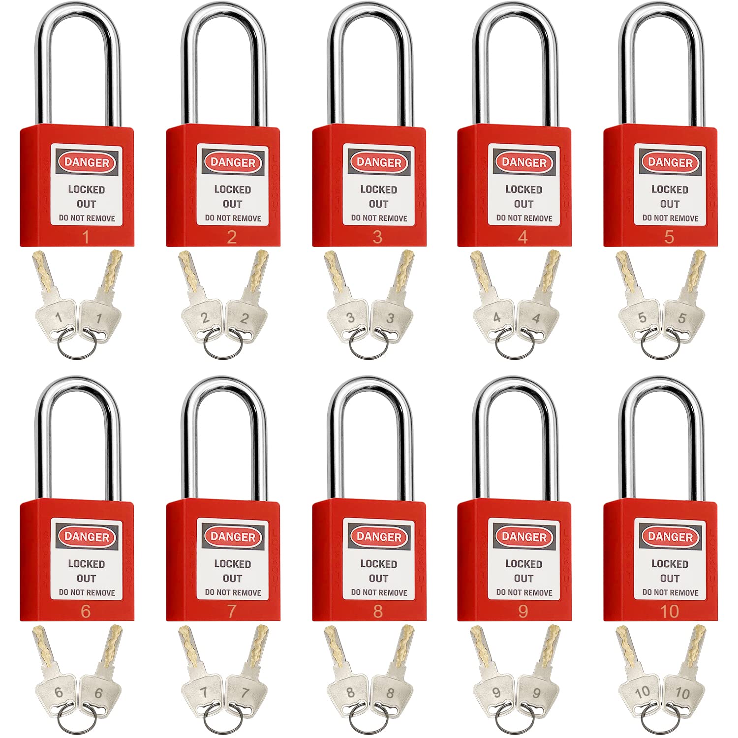 SAFBY Lockout Tagout Locks, Safety Padlock, Keyed Differently Loto Safety Padlocks for Lock Out Tag Out Kits Station (Red 1-10)