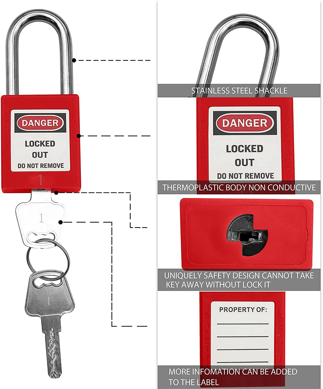 SAFBY Lockout Tagout Locks, Safety Padlock, Keyed Differently Loto Safety Padlocks for Lock Out Tag Out Kits Station (Red 1-10)