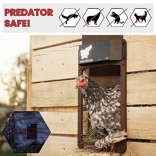 RUN-CHICKEN Door (Brown) Automatic Chicken Coop Door, Programmable with App, Battery Operated, Evening and Morning Delay, Aluminum Door, Electric Chicken Run Door, Model T50