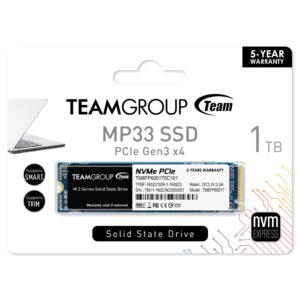 TEAMGROUP MP33 1TB SLC Cache 3D NAND TLC NVMe 1.3 PCIe Gen3x4 M.2 2280 Internal Solid State Drive SSD (Read/Write Speed up to 1,800/1,500 MB/s) Compatible with Laptop & PC Desktop TM8FP6001T0C101