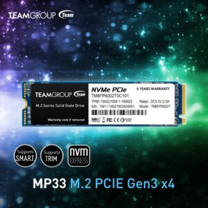 TEAMGROUP MP33 1TB SLC Cache 3D NAND TLC NVMe 1.3 PCIe Gen3x4 M.2 2280 Internal Solid State Drive SSD (Read/Write Speed up to 1,800/1,500 MB/s) Compatible with Laptop & PC Desktop TM8FP6001T0C101