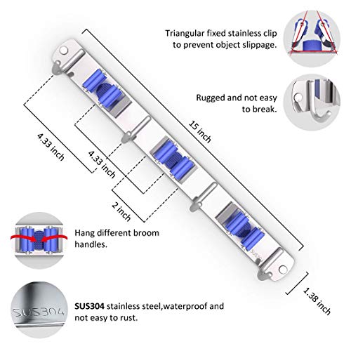 SPEENSUN Mop Rack Wall Mount-15''Stainless Steel Heavy Duty Broom and Mop Holder Wall Mounted -Broom Hanger With 3 Racks and 4 Hooks For Closet Broom Organizer-Mop Hanger Wall Mount-Broom Rack