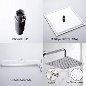 RODDEX Square Rain Shower Head, High Pressure Rainfall Showerhead, Large Fixed Stainless Steel Polished Chrome Shower Rain, 12 Inch Rainhead + 15 Inch Extension Arm