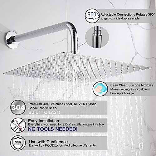 RODDEX Square Rain Shower Head, High Pressure Rainfall Showerhead, Large Fixed Stainless Steel Polished Chrome Shower Rain, 12 Inch Rainhead + 15 Inch Extension Arm