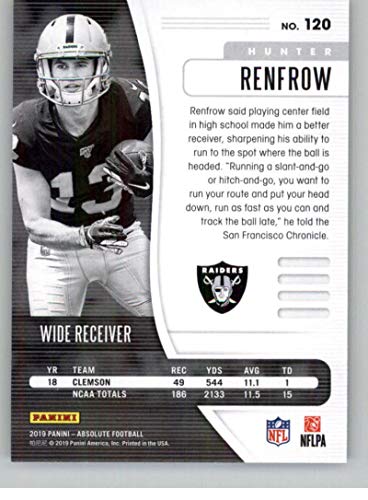 2019 Absolute #120 Hunter Renfrow RC Rookie Oakland Raiders NFL Football Trading Card