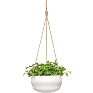 mkono 8 inch ceramic hanging planter for indoor plants modern outdoor porcelain hanging plant holder geometric flower pot with polyester rope hanger for herbs ferns ivy, white