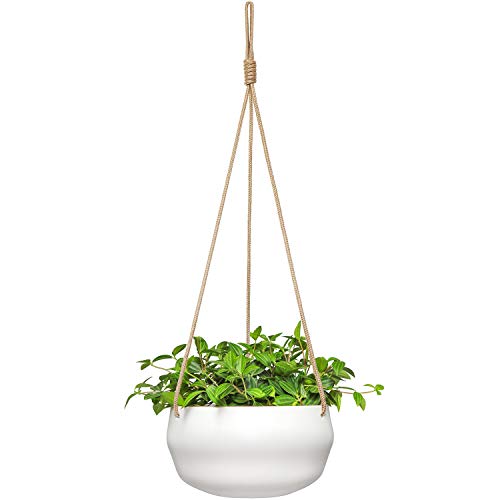 Mkono 8 Inch Ceramic Hanging Planter for Indoor Plants Modern Outdoor Porcelain Hanging Plant Holder Geometric Flower Pot with Polyester Rope Hanger for Herbs Ferns Ivy, White