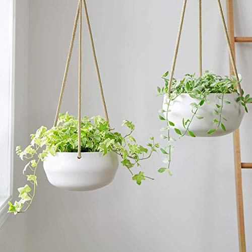 Mkono 8 Inch Ceramic Hanging Planter for Indoor Plants Modern Outdoor Porcelain Hanging Plant Holder Geometric Flower Pot with Polyester Rope Hanger for Herbs Ferns Ivy, White