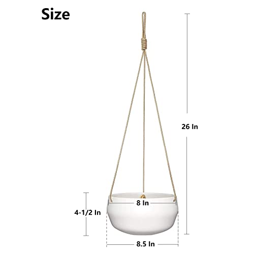 Mkono 8 Inch Ceramic Hanging Planter for Indoor Plants Modern Outdoor Porcelain Hanging Plant Holder Geometric Flower Pot with Polyester Rope Hanger for Herbs Ferns Ivy, White