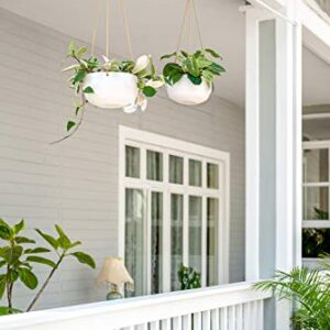 Mkono 8 Inch Ceramic Hanging Planter for Indoor Plants Modern Outdoor Porcelain Hanging Plant Holder Geometric Flower Pot with Polyester Rope Hanger for Herbs Ferns Ivy, White