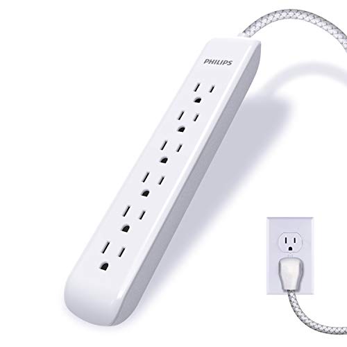 Philips 6 Outlet Power Strip Surge Protector, 6 Ft Power Cord, Designer Braided Extension Cord, Flat Plug, Perfect for Office or Home Décor, 1080 Joules, White, SPC3054WA/37