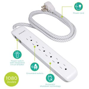 Philips 6 Outlet Power Strip Surge Protector, 6 Ft Power Cord, Designer Braided Extension Cord, Flat Plug, Perfect for Office or Home Décor, 1080 Joules, White, SPC3054WA/37