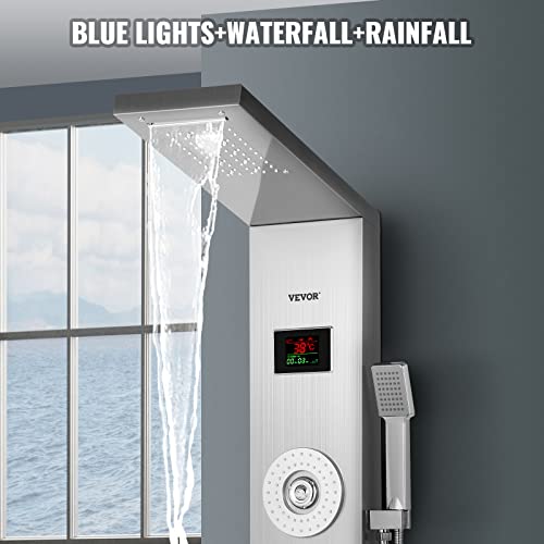 Happybuy 6 in 1 LED Shower Panel Tower System Rainfall and Mist Head Rain Massage Stainless Steel Shower Fixtures with Adjustable Body Jets