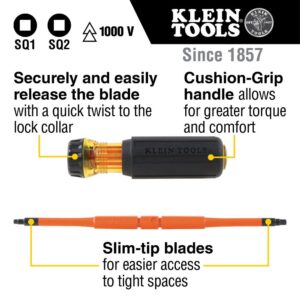 Klein Tools 32287 Insulated Screwdriver, 2-in-1 Screwdriver Set with Flip Blade, #1 and #2 Square Tips, Double-Ended Blades