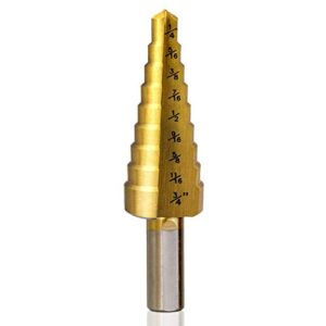 saiper titanium step drill bit 1/4" to 3/4" (9 step sizes) high speed steel triangle handle step drill bits drill holes for plastic, aluminum, pv plate