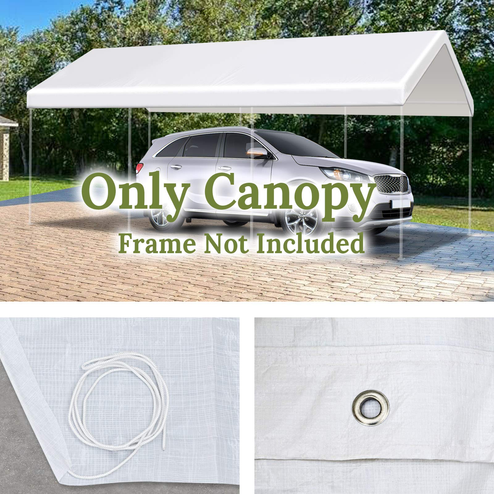 BenefitUSA Canopy ONLY 10'x20' Carport Replacement Canopy Outdoor Tent Garage Top Tarp Shelter Cover w Ball Bungees (White)