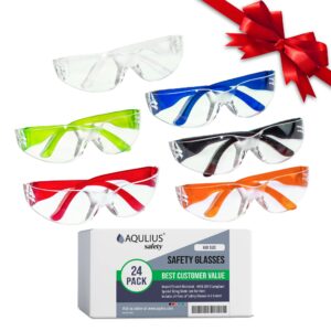 aqulius 24 pack of kids safety glasses ansi z87+ (24 protective goggles in 6 colors) crystal clear eye protection - specially designed to fit children, perfect for nerf parties