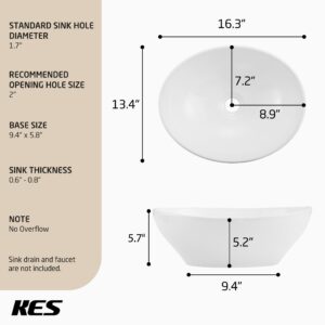 KES Bathroom Vessel Sink, Bowl Sink White Vessel Sink Oval Bathroom Sink 16" x 13" Countertop Modern Egg Shape Above Counter Bathroom Vanity Sink Bowl, BVS124