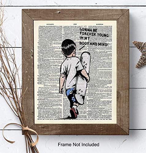 Banksy Skateboard Motivational Upcycled Dictionary Wall Art - Inspirational Graffiti, Urban Street Art Poster Print - Home Decor for Nursery, Kids or Boys Room - Great Gift - 8x10 Photo