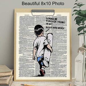 Banksy Skateboard Motivational Upcycled Dictionary Wall Art - Inspirational Graffiti, Urban Street Art Poster Print - Home Decor for Nursery, Kids or Boys Room - Great Gift - 8x10 Photo