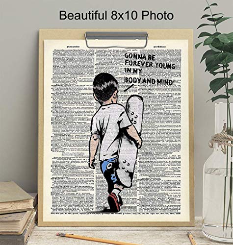 Banksy Skateboard Motivational Upcycled Dictionary Wall Art - Inspirational Graffiti, Urban Street Art Poster Print - Home Decor for Nursery, Kids or Boys Room - Great Gift - 8x10 Photo