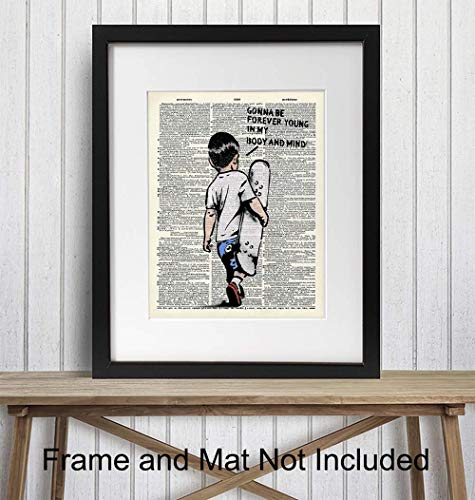 Banksy Skateboard Motivational Upcycled Dictionary Wall Art - Inspirational Graffiti, Urban Street Art Poster Print - Home Decor for Nursery, Kids or Boys Room - Great Gift - 8x10 Photo