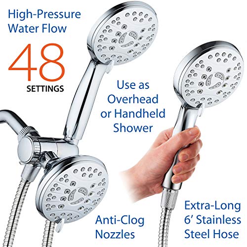 AquaSpa High Pressure 48-mode Luxury 3-way Combo – Dual Rain & Handheld Shower Head – Extra Long 6 Foot Stainless Steel Hose – Extra Large Face – Anti Clog Jets – All Chrome Finish – Top US Brand