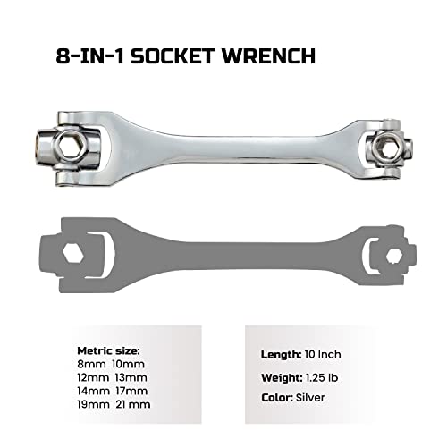 Lichamp 8-in-1 Socket Wrench 8 10 12 13 14 17 19 21, Flexible Dog Bone Multi Functional Hexagon Socket Wrench Spanner, Household Wrench Universal Hand Tool, 360 Degree Rotating Head, Metric 8-21mm