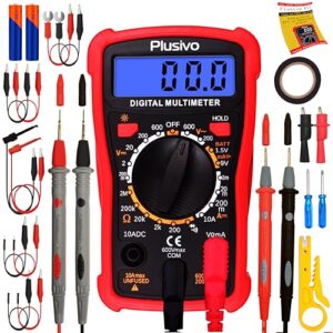 digital multimeter 2000 counts voltmeter measures ac dc voltage, resistance, current, continuity, diode multi tester with probes, test clips, dupont wires, crocodile clips, wire stripper from plusivo