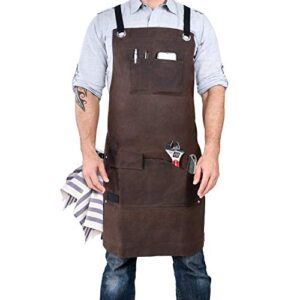 armor gear heavy duty 16oz waxed canvas work apron | 7 pockets + each hip side tool loops | durable yet comfortable | quick release cross-back straps for adjustable sizes from s to xxl style brand