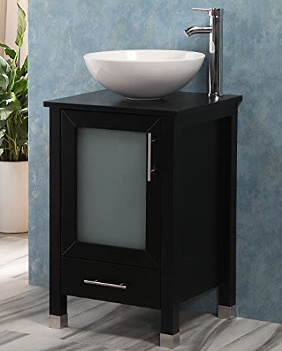 QIERAO 20" Bathroom Vanity with Sink Combo Stand Cabinet and White Ceramic Vessel Sink and Stainless Steel Faucet, Black