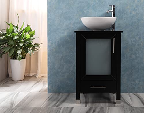 QIERAO 20" Bathroom Vanity with Sink Combo Stand Cabinet and White Ceramic Vessel Sink and Stainless Steel Faucet, Black