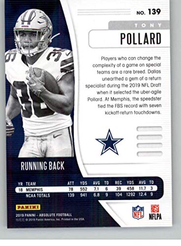 2019 Absolute #139 Tony Pollard RC Rookie Dallas Cowboys NFL Football Trading Card