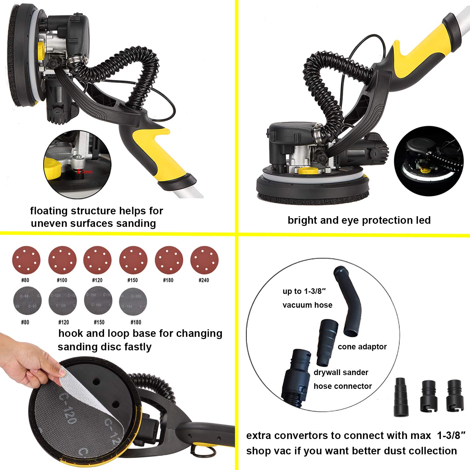 CUBEWAY Drywall Sander with Vacuum Attachment, Innovative Fixture for Ceiling Sander, Electric Drywall Sander with LED Light, Variable Speed and ETL Listed