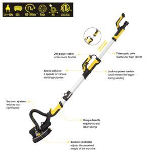 CUBEWAY Drywall Sander with Vacuum Attachment, Innovative Fixture for Ceiling Sander, Electric Drywall Sander with LED Light, Variable Speed and ETL Listed