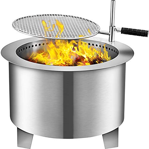 VBENLEM Smokeless Fire Pit, 22 Inch Bonfire Fire Pit Stainless Steel Wood Burning Fire Pit, Patio Fire Pit with Detachable Grill, Outdoor Fire Pit for Backyards and Camping Park