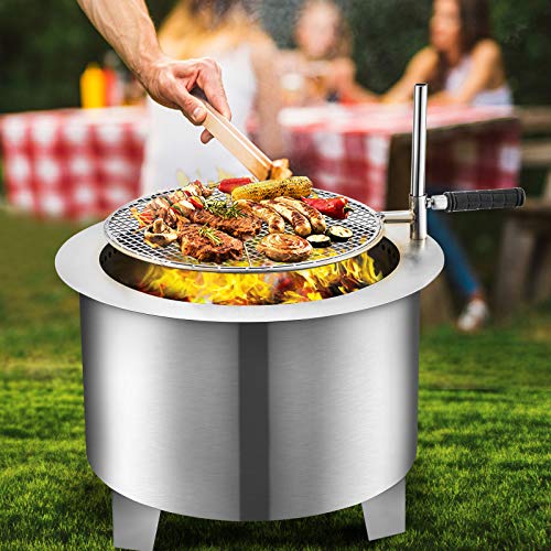 VBENLEM Smokeless Fire Pit, 22 Inch Bonfire Fire Pit Stainless Steel Wood Burning Fire Pit, Patio Fire Pit with Detachable Grill, Outdoor Fire Pit for Backyards and Camping Park