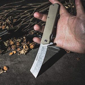 GOWILL Pocket Folding Cleaver Blade Hunting Knife with Pocket Clip Everyday Carry EDC Flip Open for Men, Dad, for Camping, Hunting, Survival, Outdoors (Large, Desert Tan)