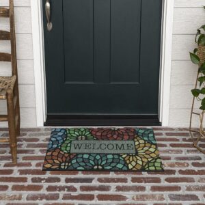 mohawk home entryway door mat 1.5' x 2.5' all weather doormat outdoor non slip recycled rubber, welcome stained glass floret