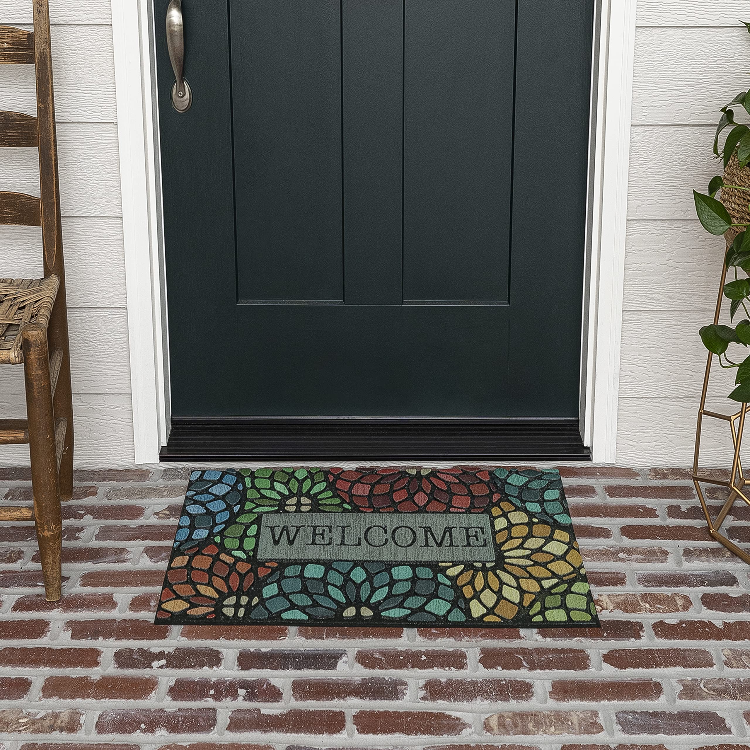 Mohawk Home Entryway Door Mat 1.5' x 2.5' All Weather Doormat Outdoor Non Slip Recycled Rubber, Welcome Stained Glass Floret