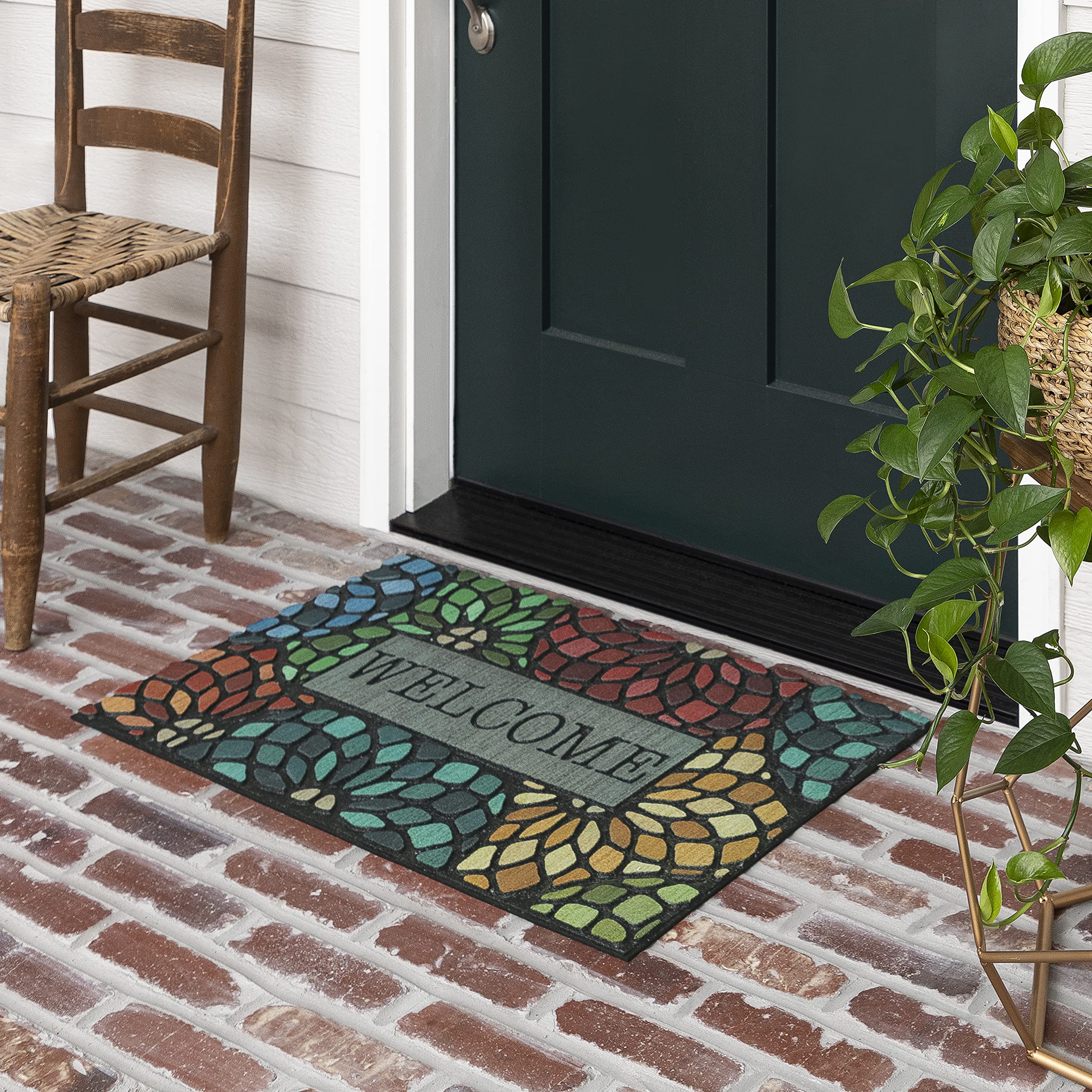 Mohawk Home Entryway Door Mat 1.5' x 2.5' All Weather Doormat Outdoor Non Slip Recycled Rubber, Welcome Stained Glass Floret