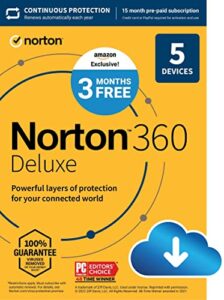 norton 360 deluxe, 2024 ready, antivirus software for 5 devices with auto renewal – 3 months free – includes vpn, pc cloud backup & dark web monitoring [download]